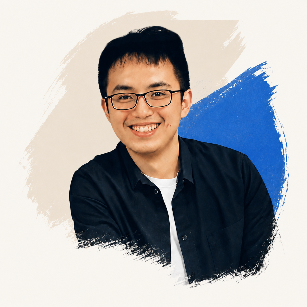 A梦的编辑型半身肖像,蓝色与米白色笔触